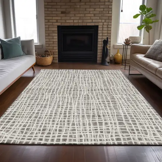 Taupe And Beige Striped Washable Indoor Outdoor Area Rug Photo 8