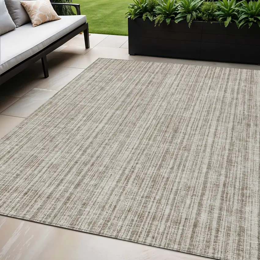 Taupe And Beige Striped Washable Indoor Outdoor Area Rug Photo 1