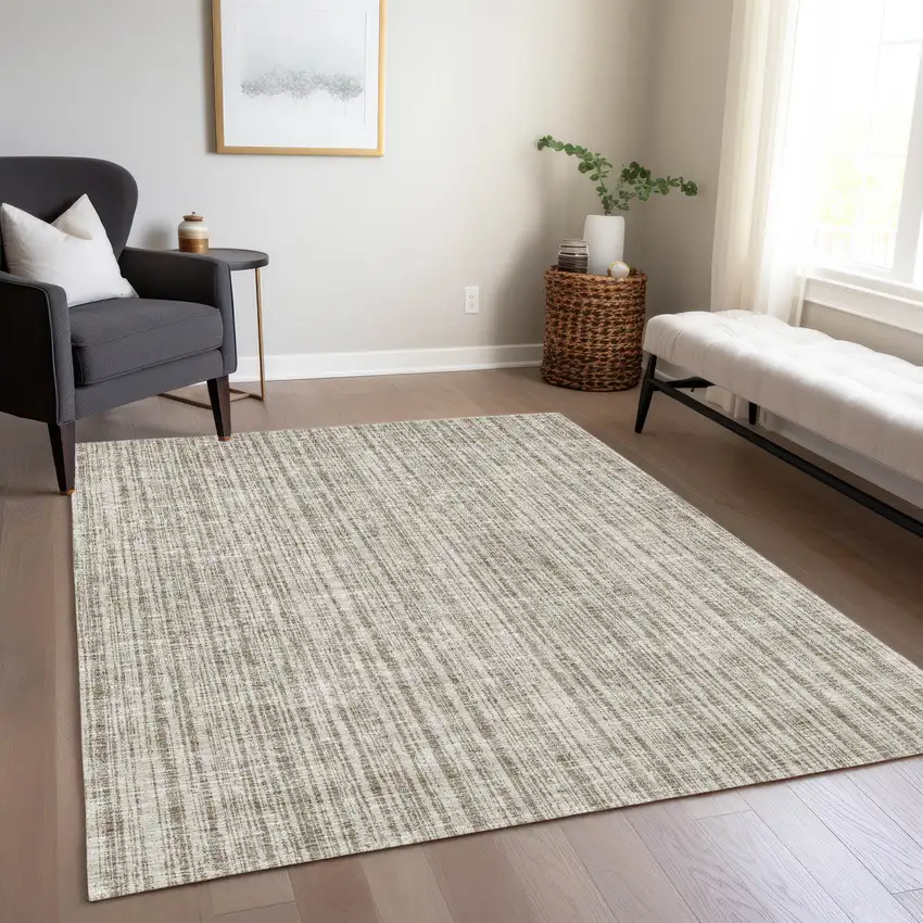 Taupe And Beige Striped Washable Indoor Outdoor Area Rug Photo 8