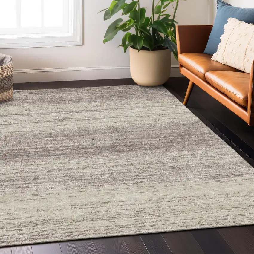 Taupe And Beige Striped Washable Indoor Outdoor Area Rug Photo 8