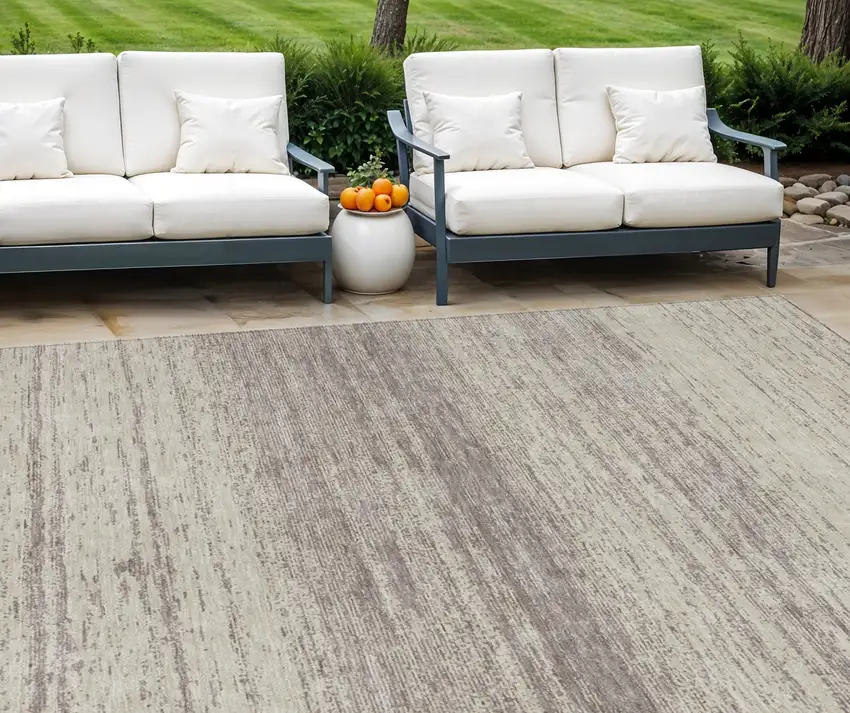 Taupe And Beige Striped Washable Indoor Outdoor Area Rug Photo 1