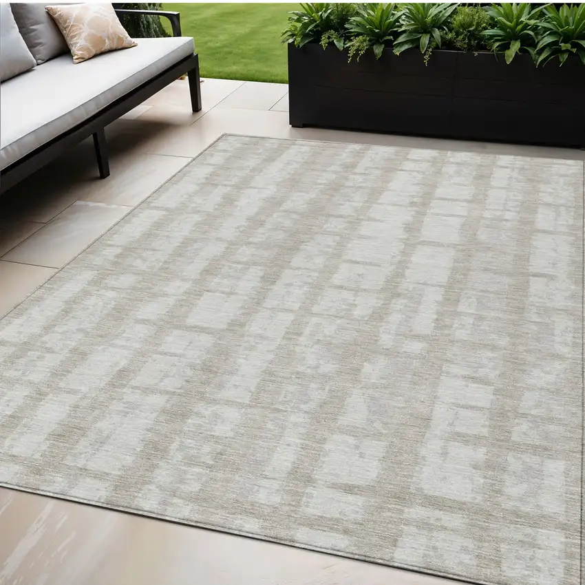 Taupe And Beige Striped Washable Indoor Outdoor Area Rug Photo 1