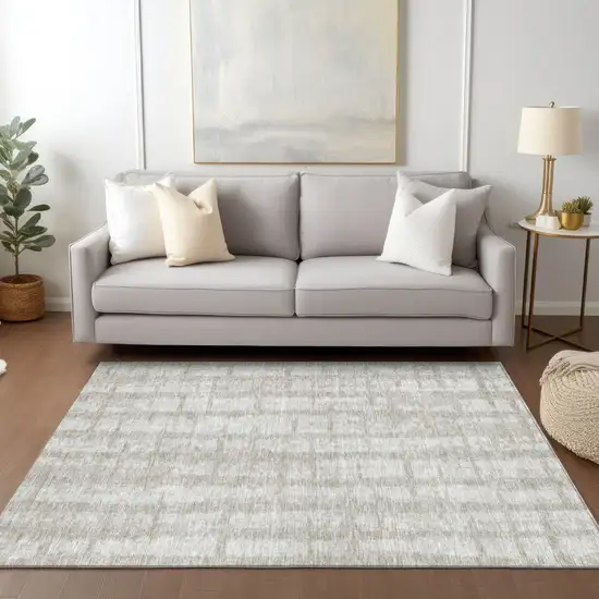 Taupe And Beige Striped Washable Indoor Outdoor Area Rug Photo 9