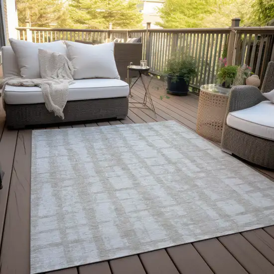 Taupe And Beige Striped Washable Indoor Outdoor Area Rug Photo 9