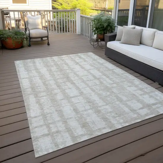 Taupe And Beige Striped Washable Indoor Outdoor Area Rug Photo 8