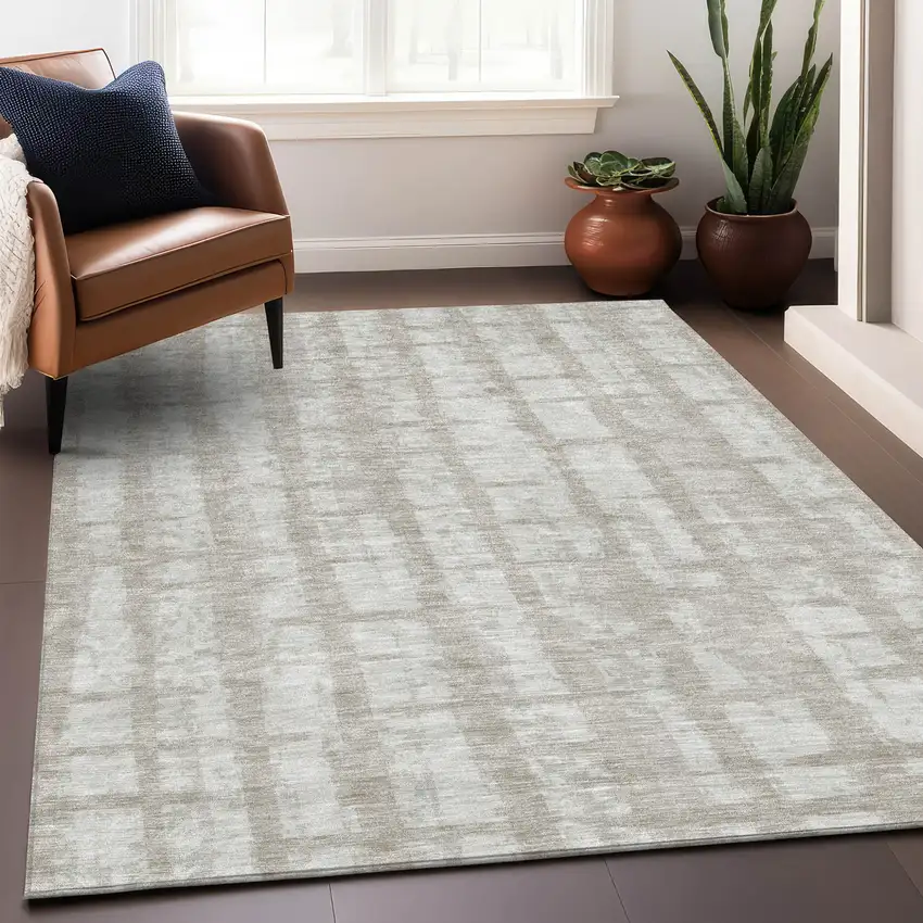 Taupe And Beige Striped Washable Indoor Outdoor Area Rug Photo 9