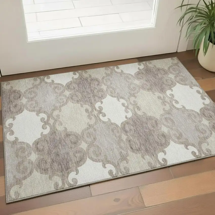 Taupe And Beige Trellis Washable Area Rug With UV Protection Photo 1