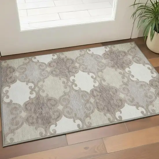 Taupe And Beige Trellis Washable Area Rug With UV Protection Photo 2