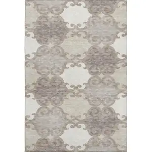 Photo of Taupe And Beige Trellis Washable Area Rug With UV Protection