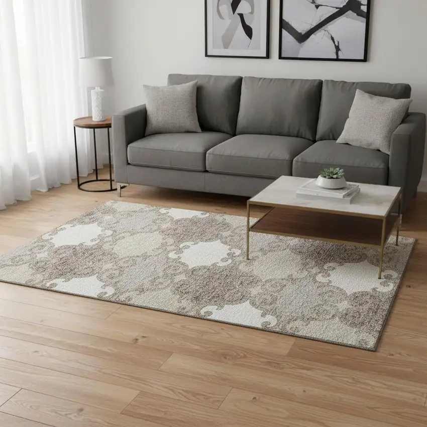 Taupe And Beige Trellis Washable Area Rug With UV Protection Photo 2