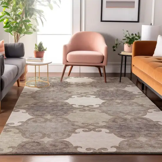 Taupe And Beige Trellis Washable Area Rug With UV Protection Photo 5