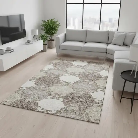 Taupe And Beige Trellis Washable Area Rug With UV Protection Photo 2