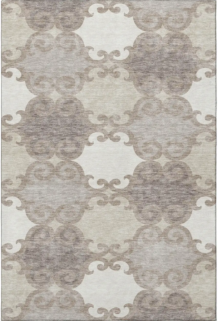 Taupe And Beige Trellis Washable Area Rug With UV Protection Photo 3
