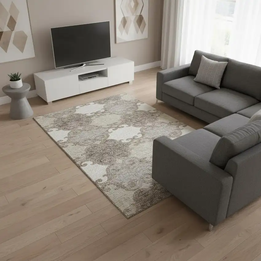 Taupe And Beige Trellis Washable Area Rug With UV Protection Photo 2