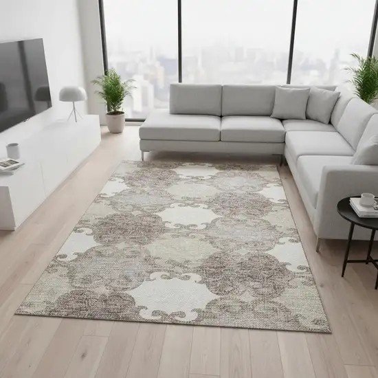 Taupe And Beige Trellis Washable Area Rug With UV Protection Photo 2