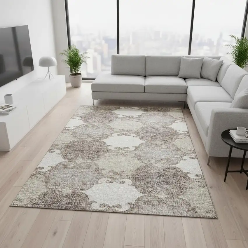 Taupe And Beige Trellis Washable Area Rug With UV Protection Photo 2