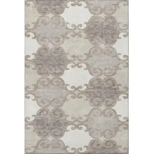 Photo of Taupe And Beige Trellis Washable Area Rug With UV Protection