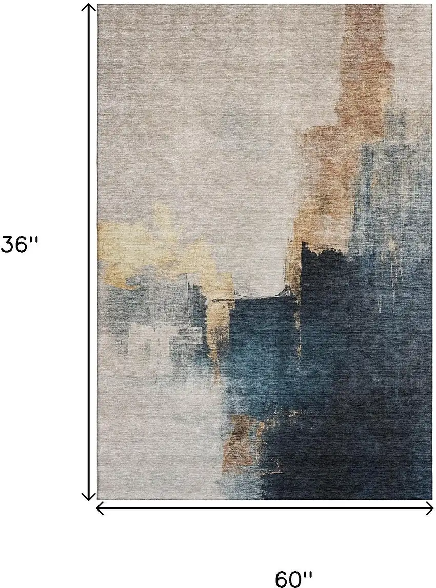 Taupe And Blue Abstract Washable Area Rug With UV Protection Photo 9