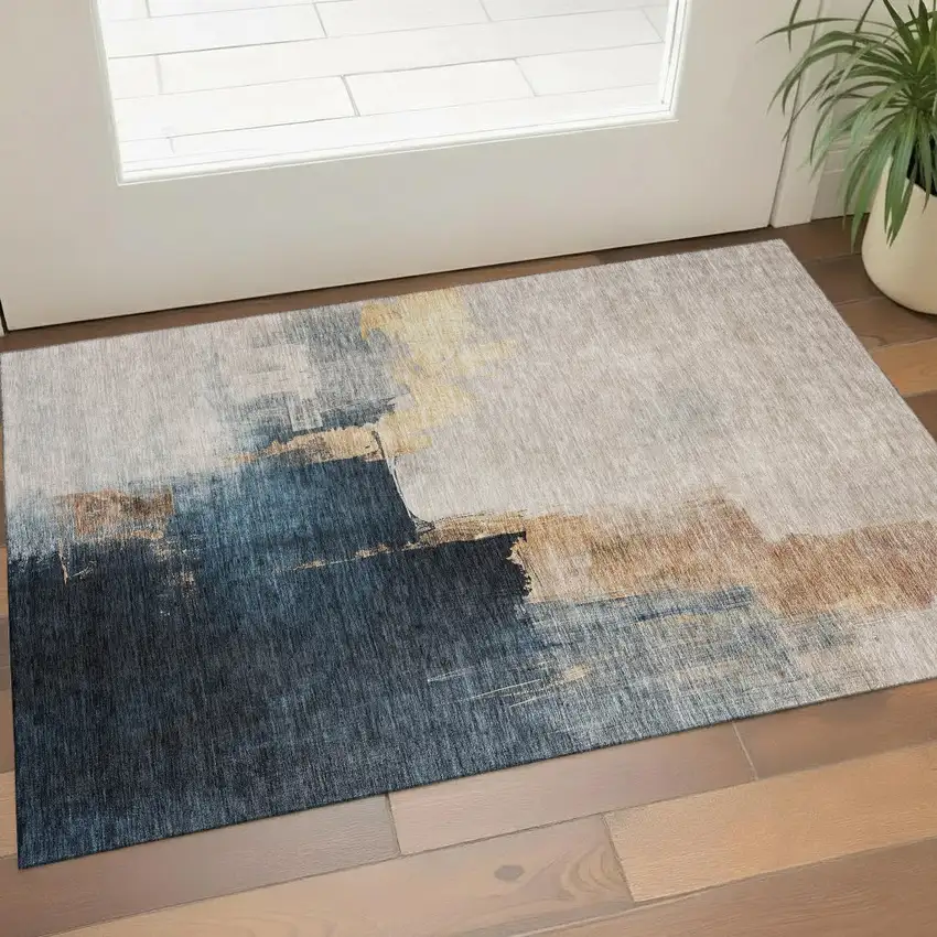 Taupe And Blue Abstract Washable Area Rug With UV Protection Photo 1