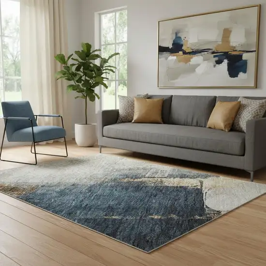 Taupe And Blue Abstract Washable Area Rug With UV Protection Photo 2