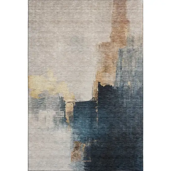 Taupe And Blue Abstract Washable Area Rug With UV Protection Photo 5