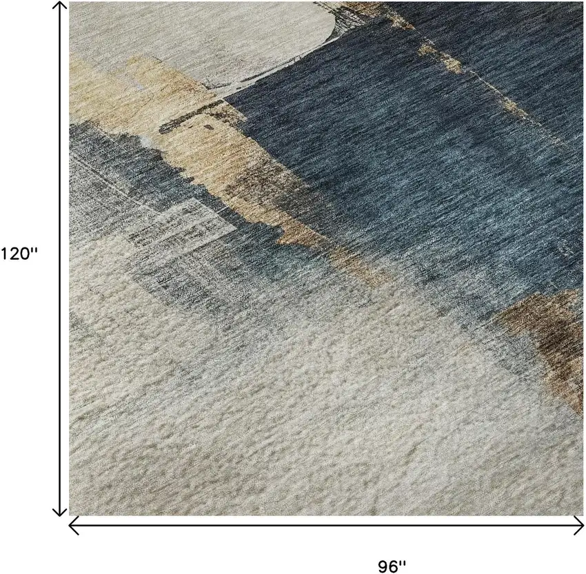 Taupe And Blue Abstract Washable Area Rug With UV Protection Photo 9