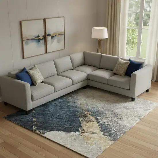 Taupe And Blue Abstract Washable Area Rug With UV Protection Photo 2