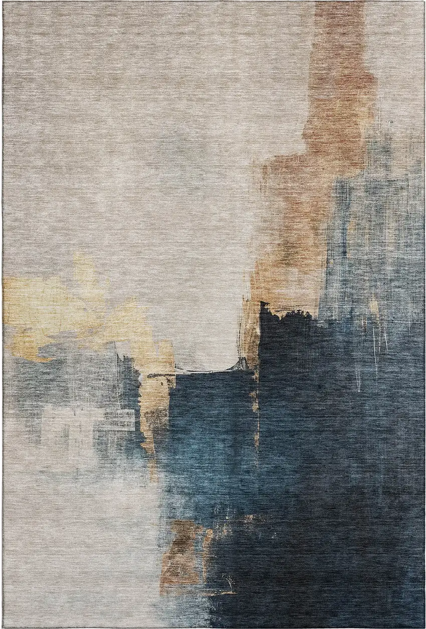 Taupe And Blue Abstract Washable Area Rug With UV Protection Photo 5