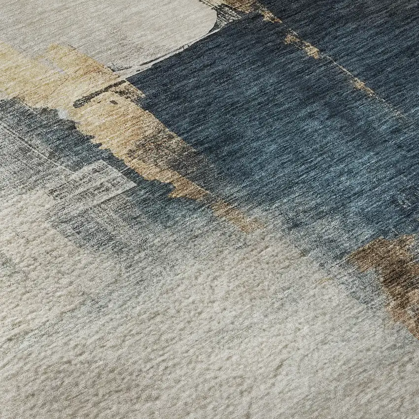 Taupe And Blue Abstract Washable Area Rug With UV Protection Photo 1
