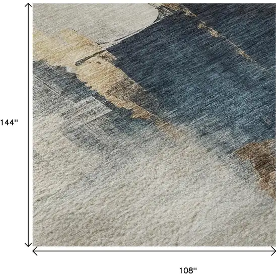 Taupe And Blue Abstract Washable Area Rug With UV Protection Photo 9
