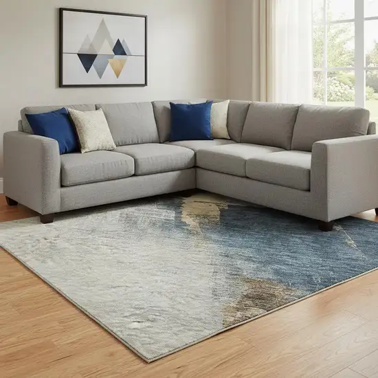 Taupe And Blue Abstract Washable Area Rug With UV Protection Photo 2