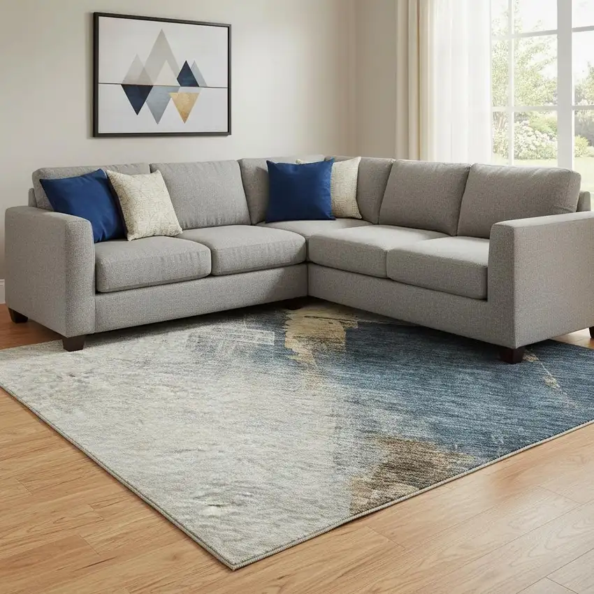 Taupe And Blue Abstract Washable Area Rug With UV Protection Photo 2