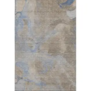 Photo of Taupe And Blue Abstract Washable Area Rug With UV Protection