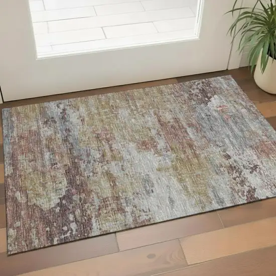 Taupe And Blue Abstract Washable Area Rug With UV Protection Photo 2