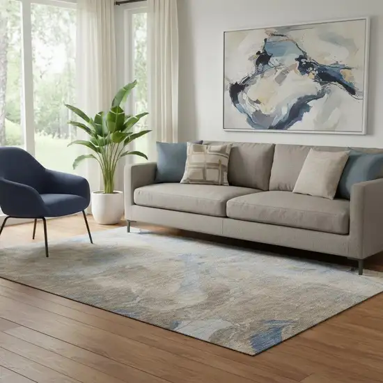 Taupe And Blue Abstract Washable Area Rug With UV Protection Photo 2