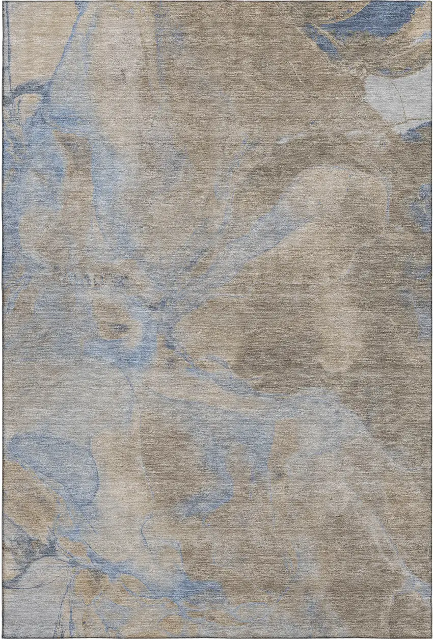 Taupe And Blue Abstract Washable Area Rug With UV Protection Photo 1