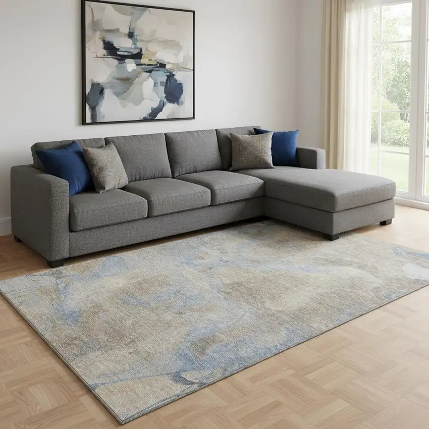Taupe And Blue Abstract Washable Area Rug With UV Protection Photo 2