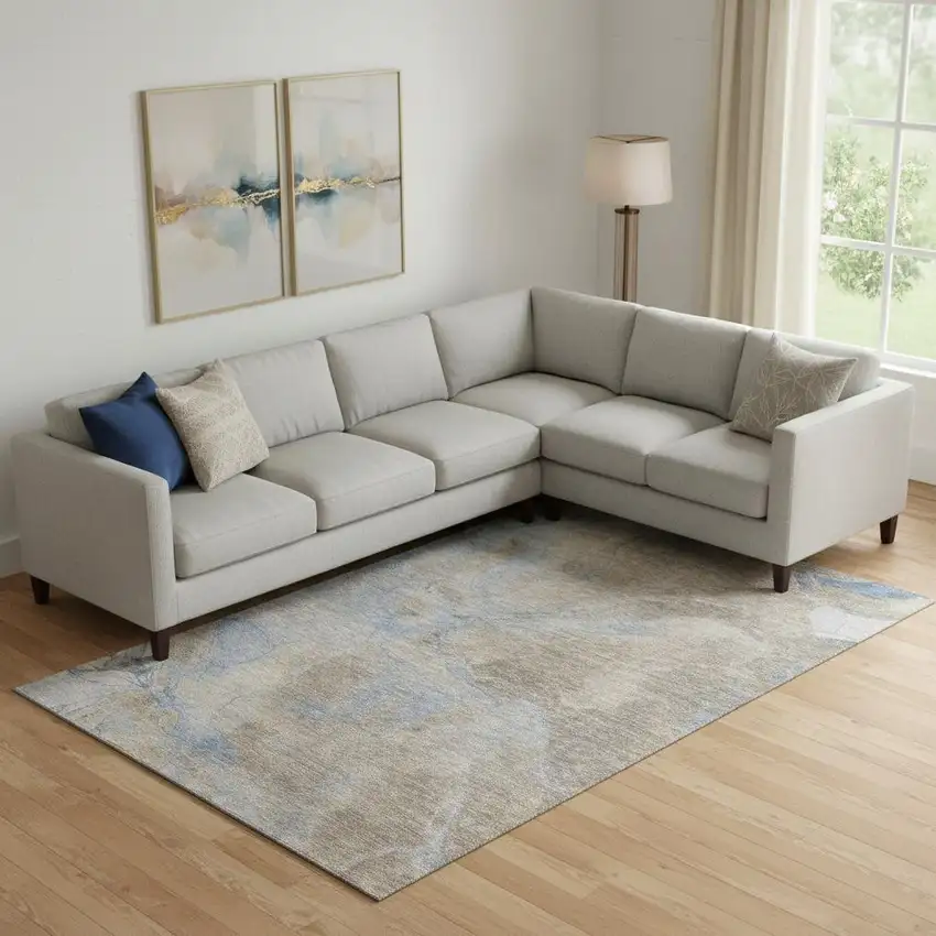 Taupe And Blue Abstract Washable Area Rug With UV Protection Photo 2