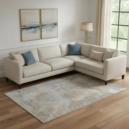 Taupe And Blue Abstract Washable Area Rug With UV Protection Photo 2