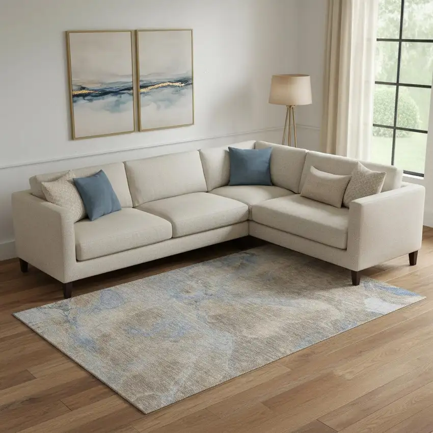 Taupe And Blue Abstract Washable Area Rug With UV Protection Photo 2