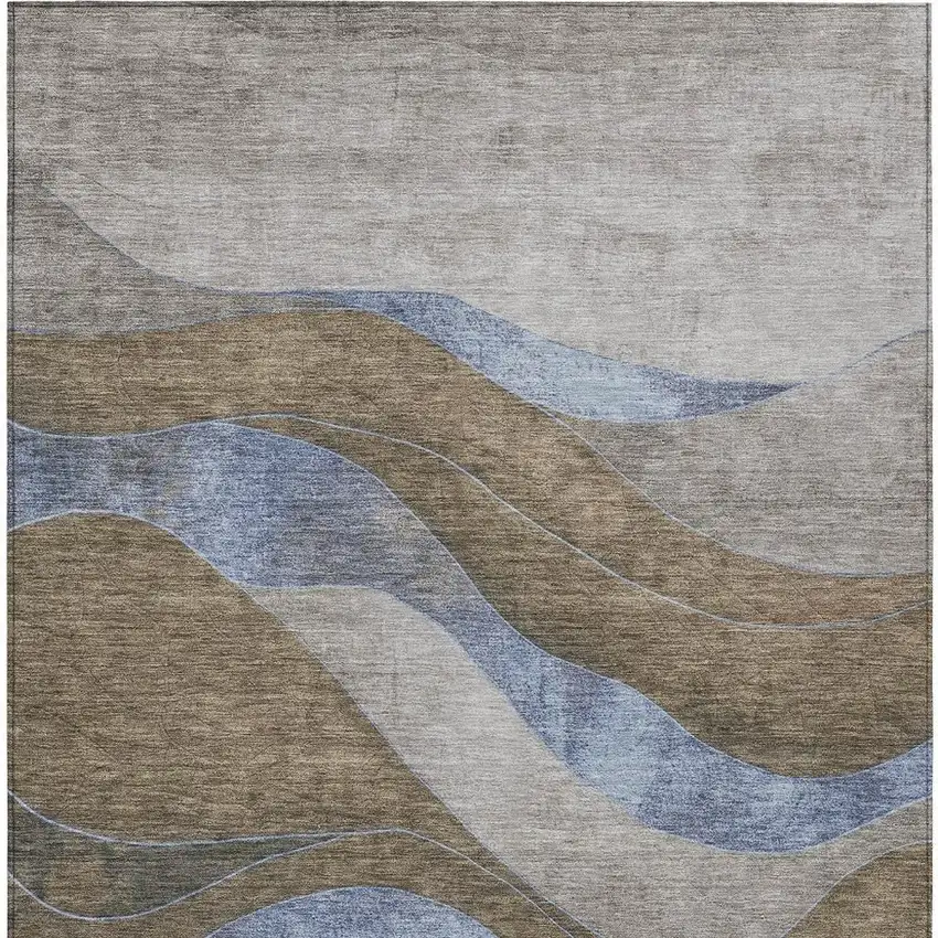 Taupe And Blue Abstract Washable Indoor Outdoor Area Rug Photo 4