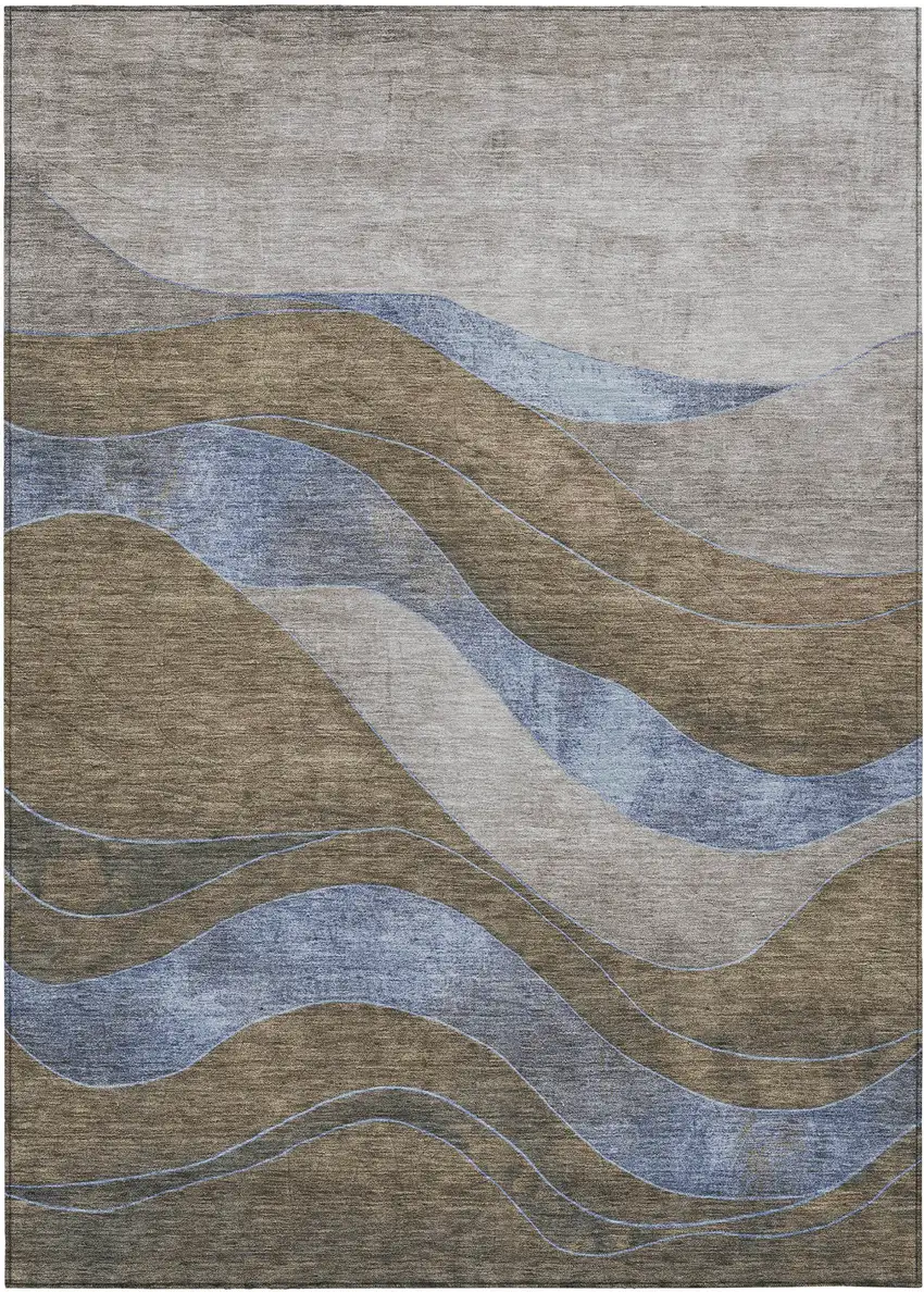 Taupe And Blue Abstract Washable Indoor Outdoor Area Rug Photo 1