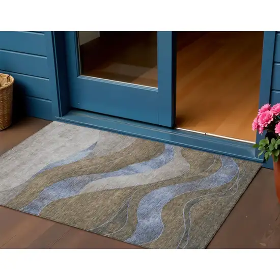 Taupe And Blue Abstract Washable Indoor Outdoor Area Rug Photo 2