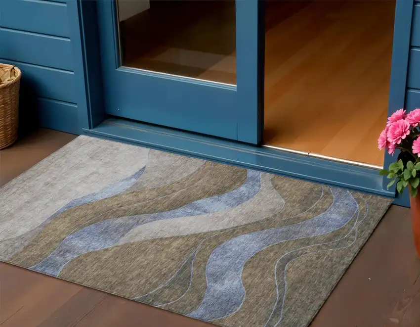 Taupe And Blue Abstract Washable Indoor Outdoor Area Rug Photo 2