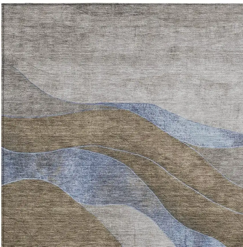 Taupe And Blue Abstract Washable Indoor Outdoor Area Rug Photo 3