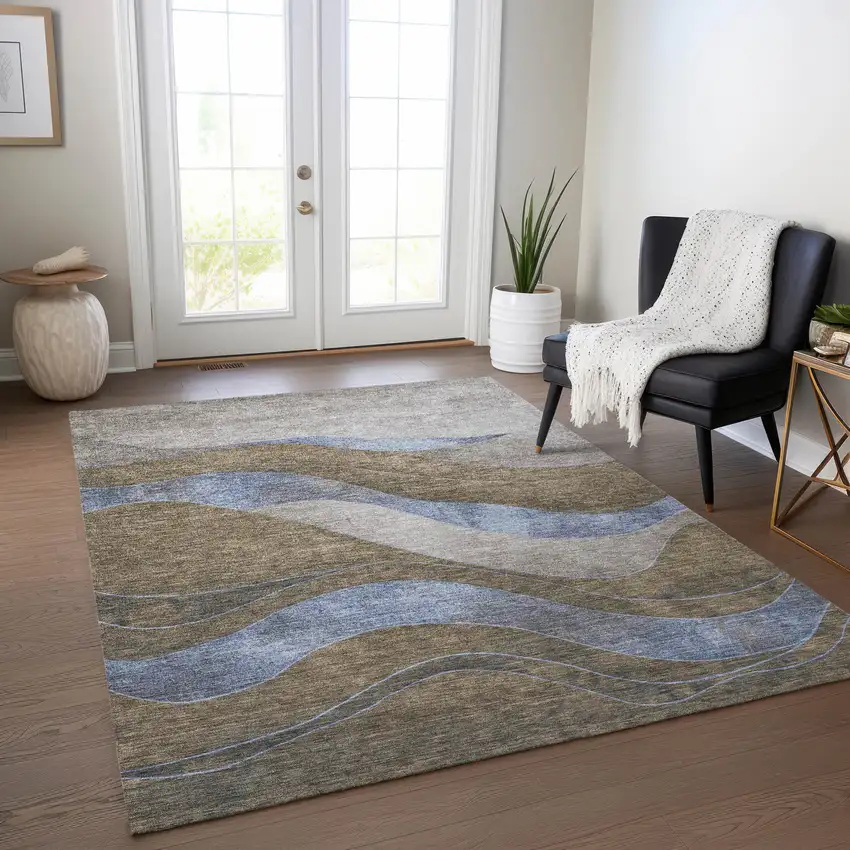 Taupe And Blue Abstract Washable Indoor Outdoor Area Rug Photo 6