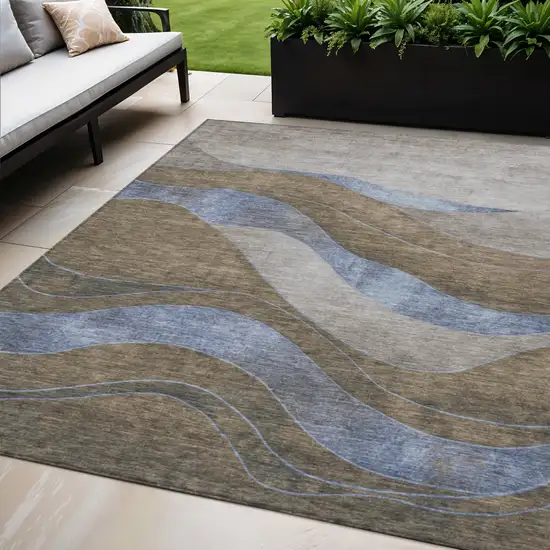 Taupe And Blue Abstract Washable Indoor Outdoor Area Rug Photo 2