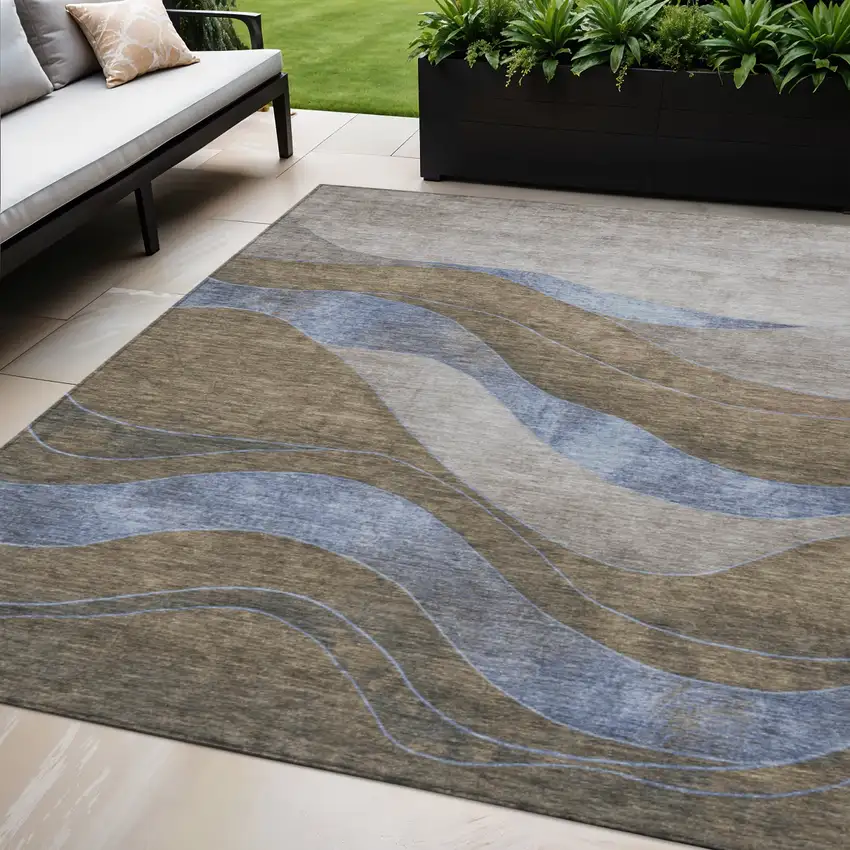 Taupe And Blue Abstract Washable Indoor Outdoor Area Rug Photo 2
