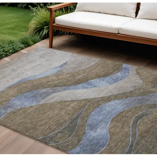 Taupe And Blue Abstract Washable Indoor Outdoor Area Rug Photo 2
