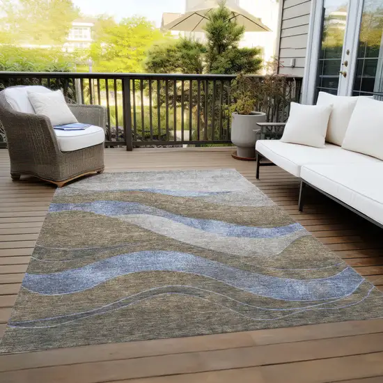 Taupe And Blue Abstract Washable Indoor Outdoor Area Rug Photo 7